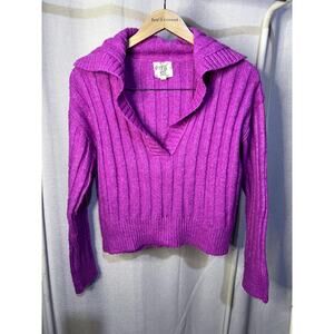 Hippie Rose Bright Pink Ribbed V Neck Collared Cropped Knit Sweater